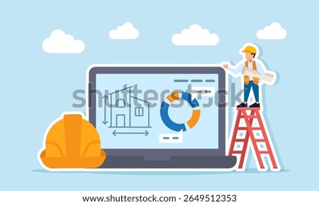 Engineer carrying paperwork walking up stairs near a safety helmet and a laptop showing project progress chart as an illustration of infrastructure construction progress presentation