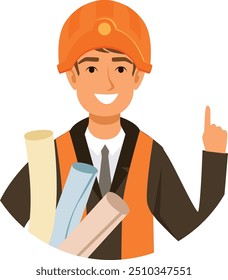 Personagem de desenho animado engenheiro. Homem de chapéu duro seguram plantas