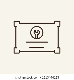 Engineer certificate line icon. Paper document with wrench on white background. Repair service concept. Vector illustration can be used for topics like modern life, technology