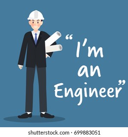 Engineer character with architectural project on blue background