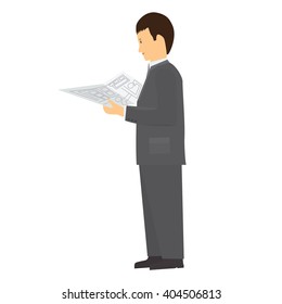 Engineer character is looking at a plan, paper, project, result or statistics. Businessman holding newspaper in hand. Side view profile. Flat color design character. 