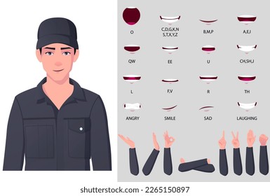 Engineer Character Mouth Animation and lip sync, with Hand Gestures and Face Emotions. Character wearing overall Illustration