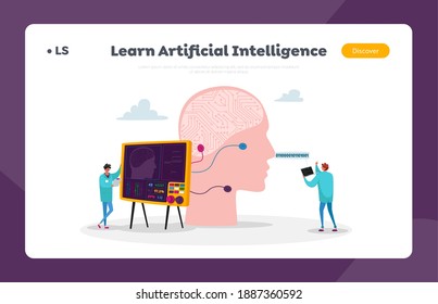 Engineer Characters Create Artificial Intelligence Mind Landing Page Template. Futuristic Innovative Technologies, Scientist Make Calculations on Digital Board. Cartoon People Vector Illustration
