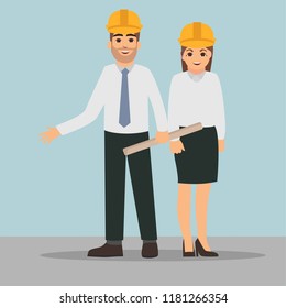 Engineer characters design. Professionals team. business man and businaess woman engineer character. flat character design.