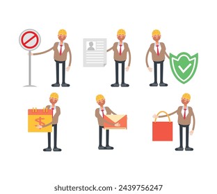 engineer characters in different poses set vector illustration