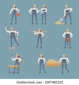 Engineer characters doing various work on the construction site. flat design style vector illustration set