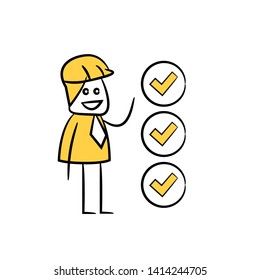 engineer and check marks icon stick figure yellow theme