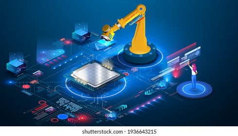 An engineer checks and controls the automation of robotic machine in an intelligent industrial plant. An automated wireless robotic arm in a smart factory assembles a microchip, cpu, new technologies