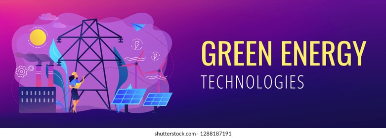 Engineer choosing power station with solar panels and wind turbines. Alternative energy, green energy technologies, eco-friendly energetics concept. Header or footer banner template with copy space.