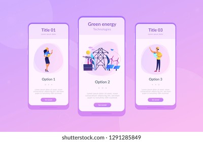 Engineer choosing power station with solar panels and wind turbines. Alternative energy, green energy technologies, eco-friendly energetics concept. Mobile UI UX GUI template, app interface wireframe