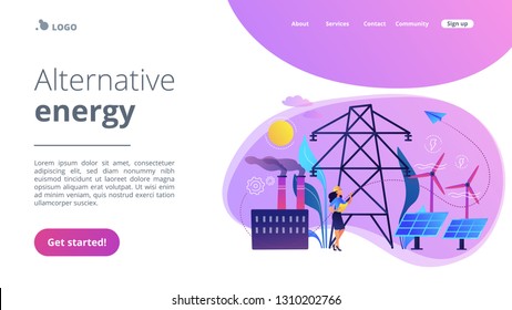 Ingeniero eligiendo estación de energía con paneles solares y turbinas eólicas. Energía alternativa, tecnologías de energía verde, concepto energético ecológico. Plantilla de página web de aterrizaje violeta vibrante del sitio web.