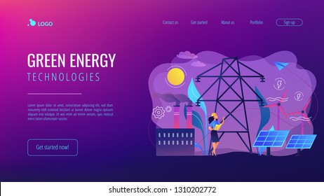 Engineer choosing power station with solar panels and wind turbines. Alternative energy, green energy technologies, eco-friendly energetics concept. Website vibrant violet landing web page template.