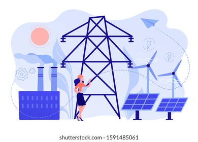 Engineer choosing power station with solar panels and wind turbines. Alternative energy, green energy technologies, eco-friendly energetics abstract concept. Vector metaphor abstract illustration.