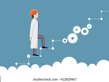 Engineer climbs the career ladder. Science, Scientist, Mechanic. Vector illustration.