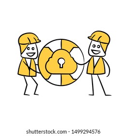 engineer and cloud security yellow stick figure theme