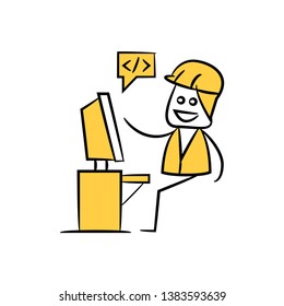 engineer coding on computer, doodle stick figure design