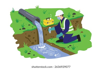 Engenheiro coletando amostra de água de um tubo de drenagem para teste de poluição, usando equipamentos de segurança, conceito de inspeção ambiental.