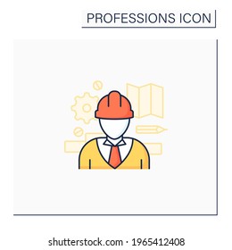 Icono de color de ingeniero. El hombre diseña, construye, mantiene motores y máquinas. Importante concepto de trabajo. Profesiones. Ilustración vectorial aislada