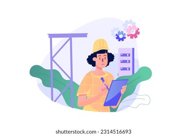 Concepto de comunicación ingeniera con la gente escena en el estilo de dibujo plano. El ingeniero verifica todas las comunicaciones en el lugar de construcción. Ilustración vectorial.