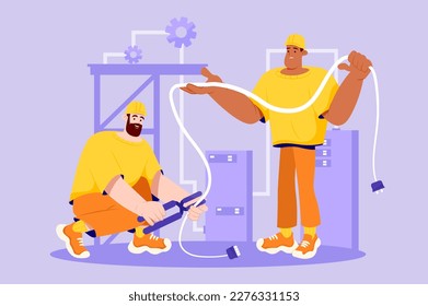Engineer communication violet concept with people scene in the flat cartoon style. A team of engineers are trying to fix problems at the construction site. Vector illustration.