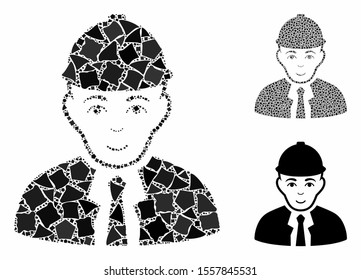 Engineer composition of humpy pieces in different sizes and color tones, based on engineer icon. Vector unequal elements are composed into composition. Engineer icons collage with dotted pattern.