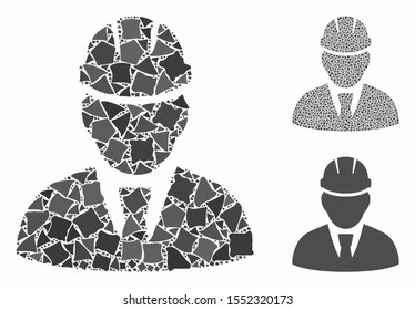 Engineer composition of unequal items in different sizes and color tinges, based on engineer icon. Vector unequal pieces are organized into collage. Engineer icons collage with dotted pattern.