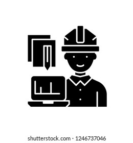 Engineer and computer black icon, vector sign on isolated background. Engineer and computer concept symbol, illustration 
