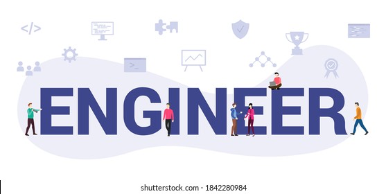 engineer concept with modern big text or word and people with icon related modern flat style