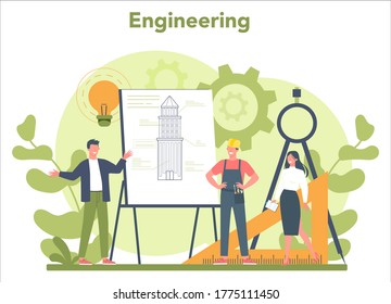 Engineer concept. Professional occupation to design and build machines and structures. Technology and science. Architecture work or designer. Isolated flat vector illustration