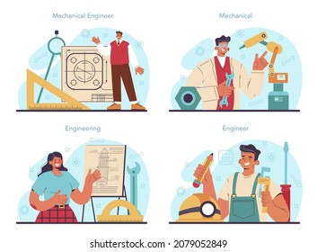 Engineer concept set. Technology specialist. Professional occupation to invent, design and build machines and structures. Architecture work or designer. Isolated flat vector illustration