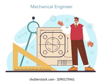 Engineer concept. Technology specialist. Professional occupation to invent, design and build machines and structures. Architecture work or designer. Isolated flat vector illustration