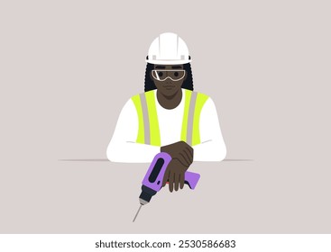 An engineer confidently holds a vibrant drill, wearing a hard hat and protective eyewear, signaling their readiness for rigorous construction work at an innovative site