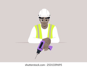 An engineer confidently holds a vibrant drill, wearing a hard hat and protective eyewear, signaling their readiness for rigorous construction work at an innovative site