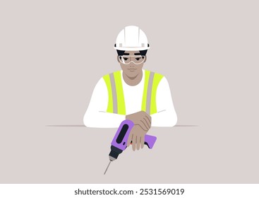 An engineer confidently holds a vibrant drill, wearing a hard hat and protective eyewear, signaling their readiness for rigorous construction work at an innovative site