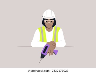 An engineer confidently holds a vibrant drill, wearing a hard hat and protective eyewear, signaling their readiness for rigorous construction work at an innovative site