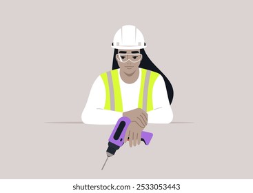 An engineer confidently holds a vibrant drill, wearing a hard hat and protective eyewear, signaling their readiness for rigorous construction work at an innovative site