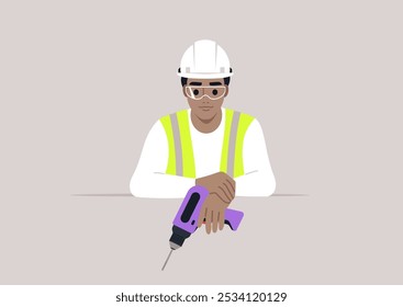 An engineer confidently holds a vibrant drill, wearing a hard hat and protective eyewear, signaling their readiness for rigorous construction work at an innovative site