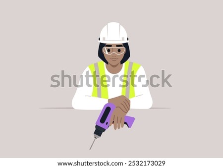 An engineer confidently holds a vibrant drill, wearing a hard hat and protective eyewear, signaling their readiness for rigorous construction work at an innovative site