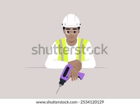 An engineer confidently holds a vibrant drill, wearing a hard hat and protective eyewear, signaling their readiness for rigorous construction work at an innovative site