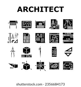 engineer construction architect icons set vector. people project, man office, building industry, work blueprint, business architecture engineer construction architect glyph pictogram Illustrations