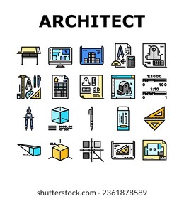 engineer construction architect icons set vector. people project, man office, building industry, work blueprint, business architecture engineer construction architect color line illustrations