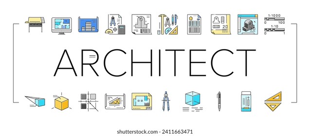 engineer construction architect icons set vector. people project, man office, building industry, work blueprint, business architecture engineer construction architect color line illustrations