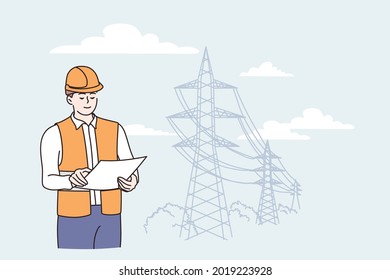 Engineer construction during work concept. Young positive man cartoon character engineer in work protective wear standing looking at plan at construction vector illustration 