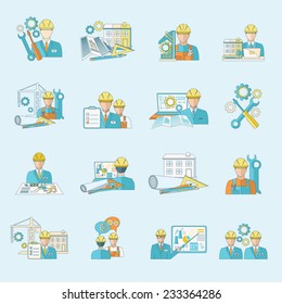 Engineer construction equipment industrial process production and manufacturing icons line set isolated vector illustration.