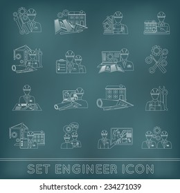 Engineer construction equipment industrial process technician workers with fixing tools icons outline set isolated vector illustration