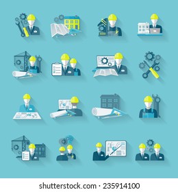 Engineer construction equipment industrial technician workers with fixing tools and gears icons set isolated vector illustration