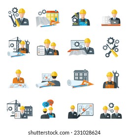 Engineer Construction Equipment Machine Operator Managing And Manufacturing Icons Flat Set Isolated Vector Illustration