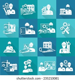 Engineer construction equipment technician workers with fixing tools and gears icons white set isolated vector illustration