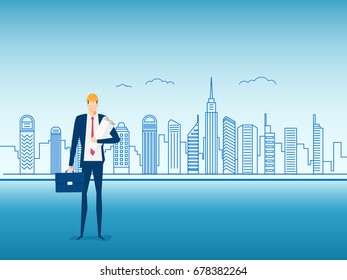 Engineer construction holding a blueprint paper on city screen. Character design. Cartoon Vector Illustration.