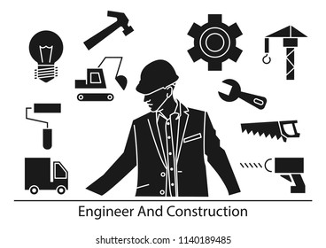 Engineer and construction icons,cunstruction crane,wrench,screwdriver,bulb,hammer,dozer,brush,gears, saw,truck,vector illustrations